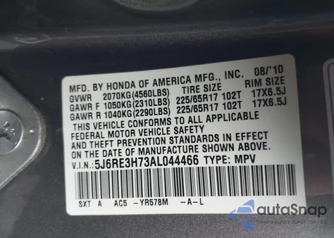2010 Honda Cr-V Ex-L from USA, damaged, VIN 5J6RE3H73AL044466